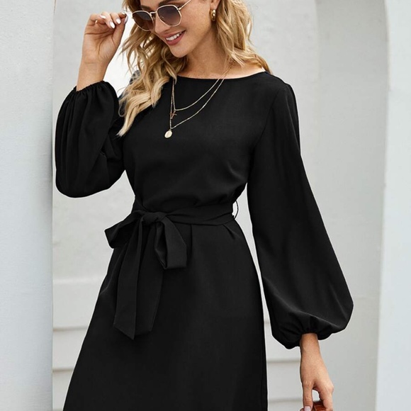 Classic lantern long sleeve belted mini dress work office - Picture 5 of 15